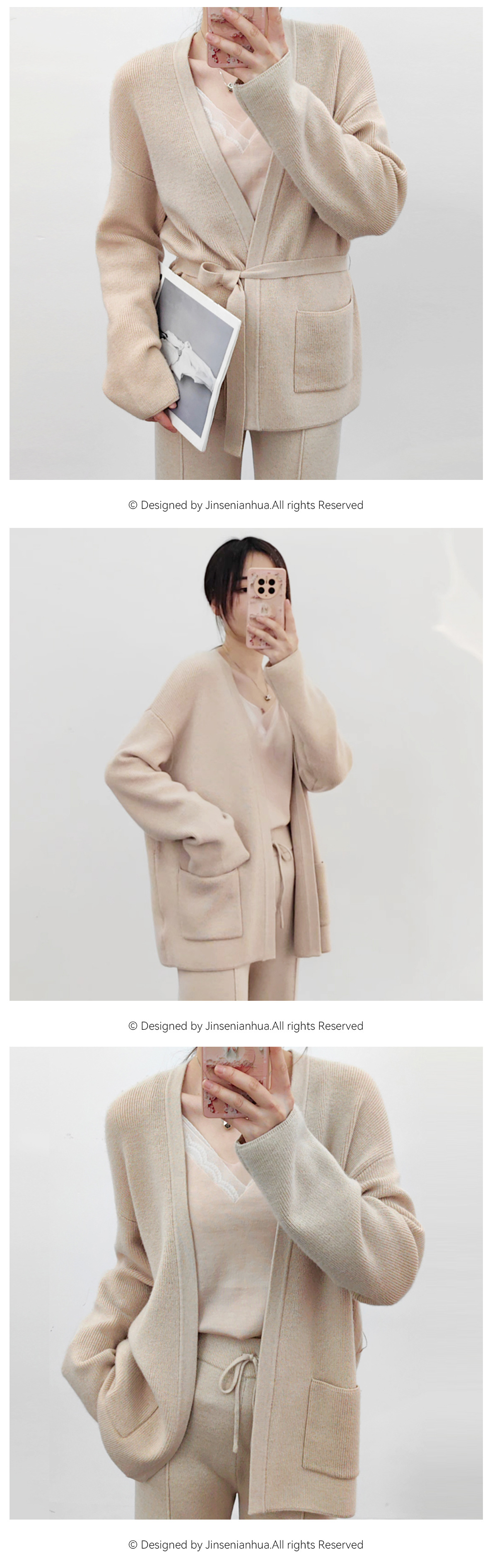 New autumn and winter style belt-knitted, stylish and slimming wool sweater coat for women, Korean loose mid-length V-neck cardigan pic 10