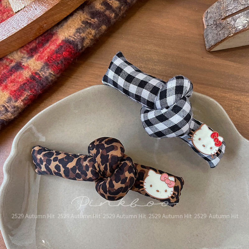 New Korean-style checkered bow kt hair clip for girls, leopard print side fringe clip, cute hair accessory for girls, kt decorative knot-shaped hair clip, checkered/leopard print style, fashionable, cute and personalized headwear for girls pic 2