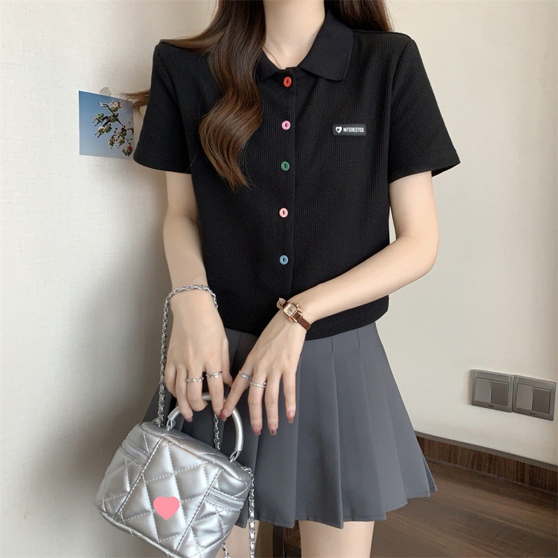 夏季大码胖mm学院风减龄彩色扣polo领正肩黑色短袖T恤女小衫上衣详情12