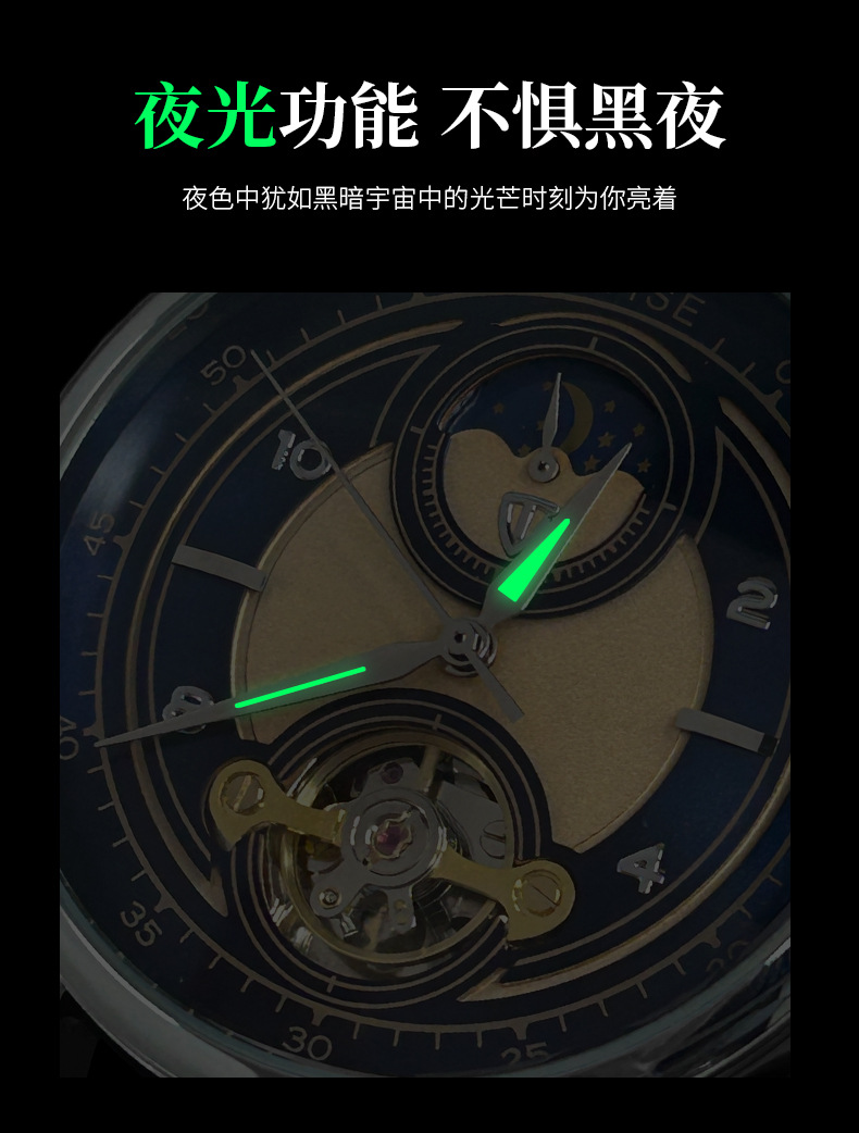 瑞士TEVISE特威斯手表 男士全自动机械手表月相手表抖音同款详情8
