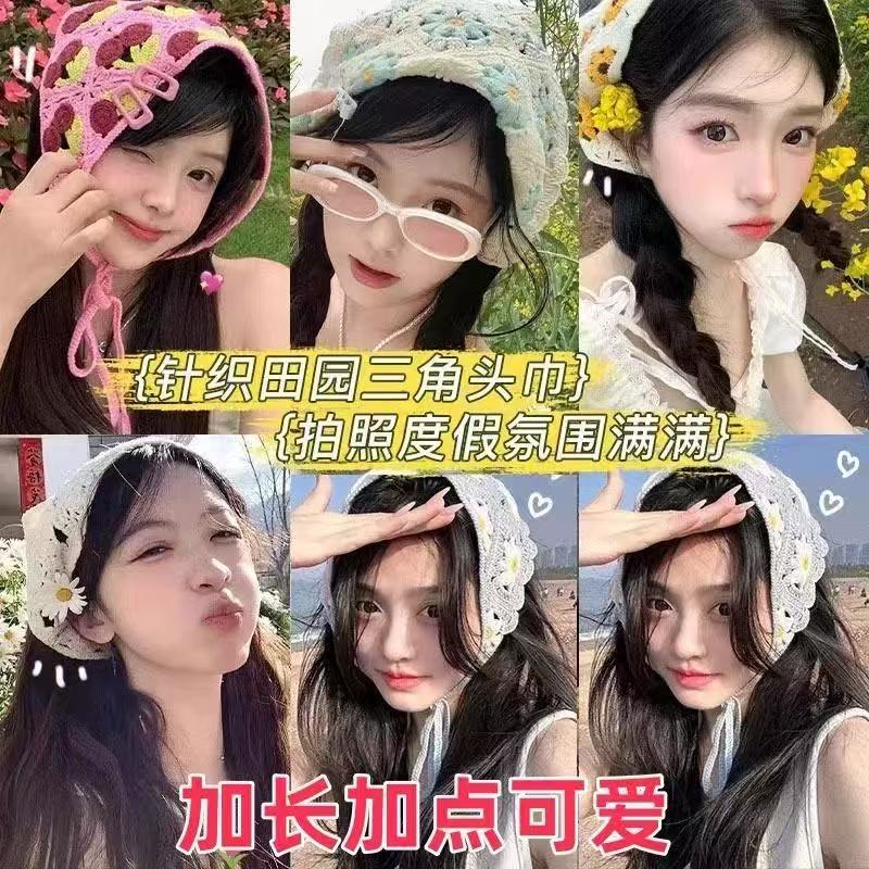 French lace knitted triangular scarf, flower retro Japanese headscarf, hair band, versatile small scarf, photo hair accessory for women pic 3