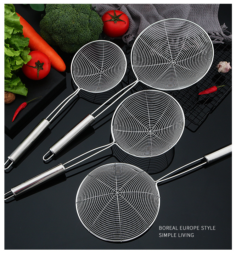 Stainless steel large strainer, household kitchen oil-frying filter, wire strainer, round tube, double-wire large noodle and dumpling scooping strainer pic 8