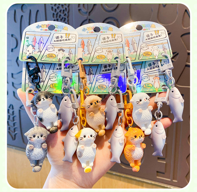 原创小馋猫情侣对扣钥匙扣女可爱卡通小猫吃鱼情侣钥匙链书包挂件详情15
