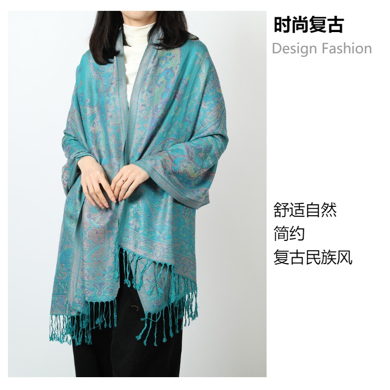 跨境围巾民族风提花腰果流苏披肩新款春秋棉质女士长巾包头巾详情5