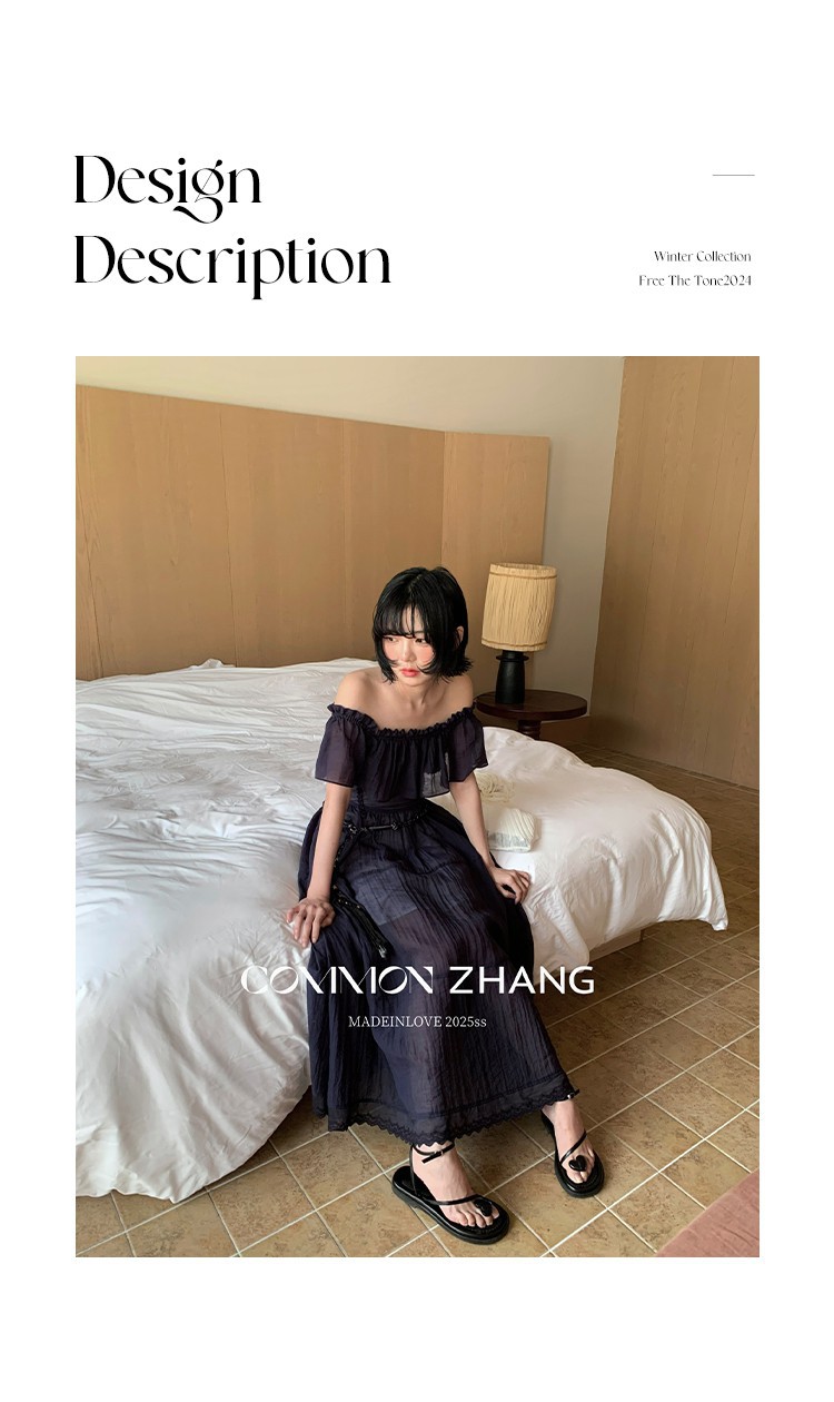 CZ ZHANG Summer French lace patchwork one-shoulder off-the-shoulder sexy slightly transparent texture dress for women B26857 pic 2