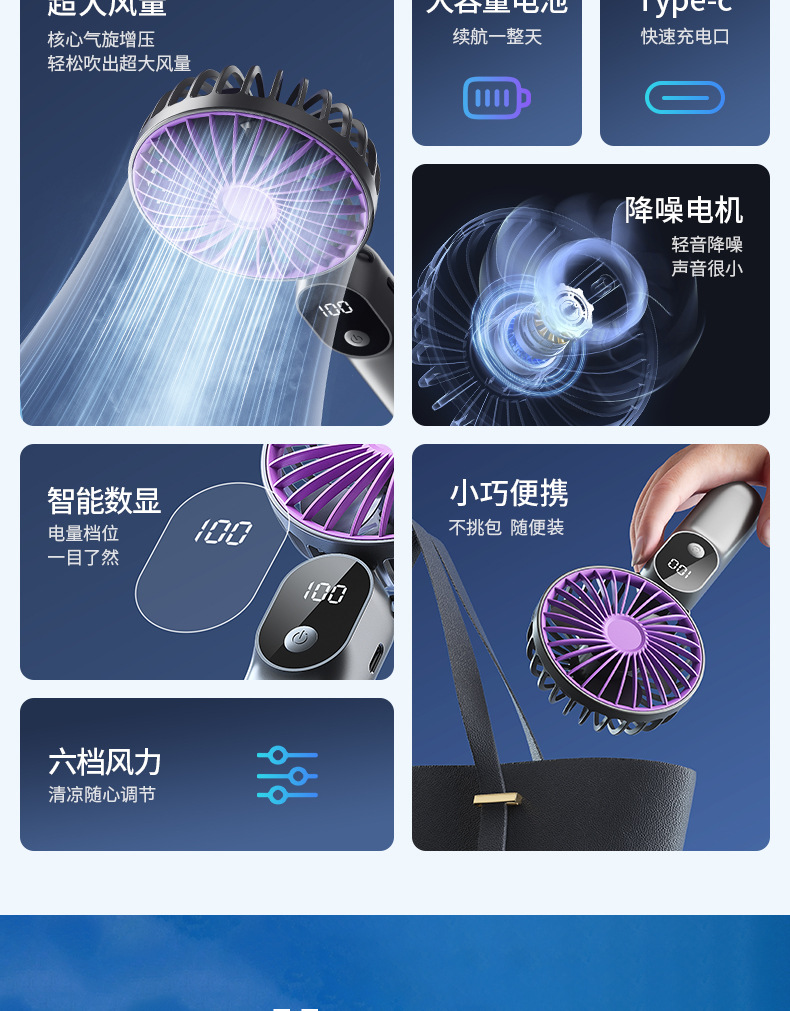 跨境新款/手持风扇多功能数显折叠超大风力usb充电桌面办公小风扇详情3