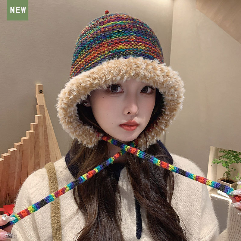A cute rainbow gradient knitted hat for women in autumn and winter, warm, ear-protecting and face-enhancing small woolen headscarf pic 3