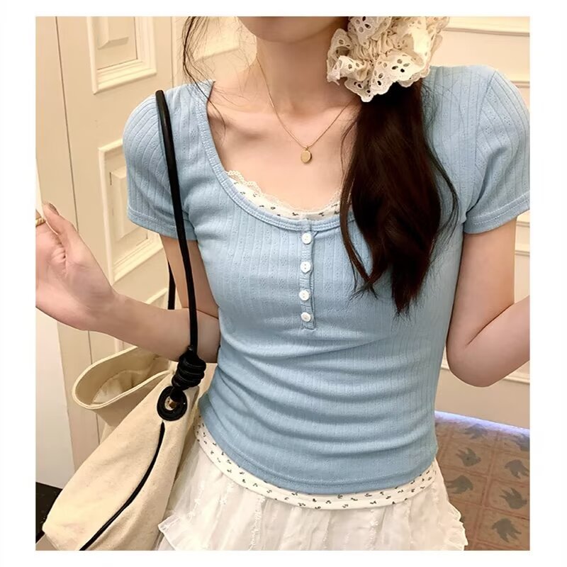 纯欲蕾丝正肩短袖T恤女夏季蓝色多巴胺bm假两件碎花修身短款上衣详情3
