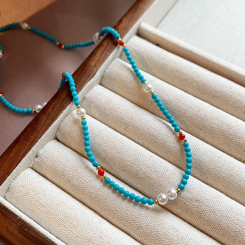 新中式优化绿松石红玛瑙串珠施家珍珠项链小众法式复古轻奢锁骨链详情5