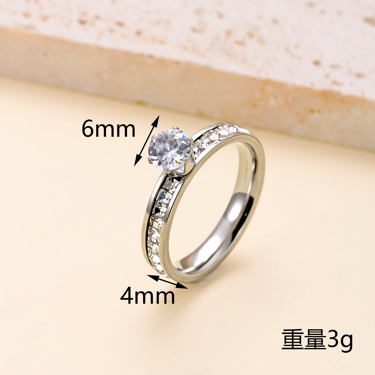 跨境热销不锈钢戒指六爪镶钻情侣对戒时尚高级感钛钢饰品批发厂详情4