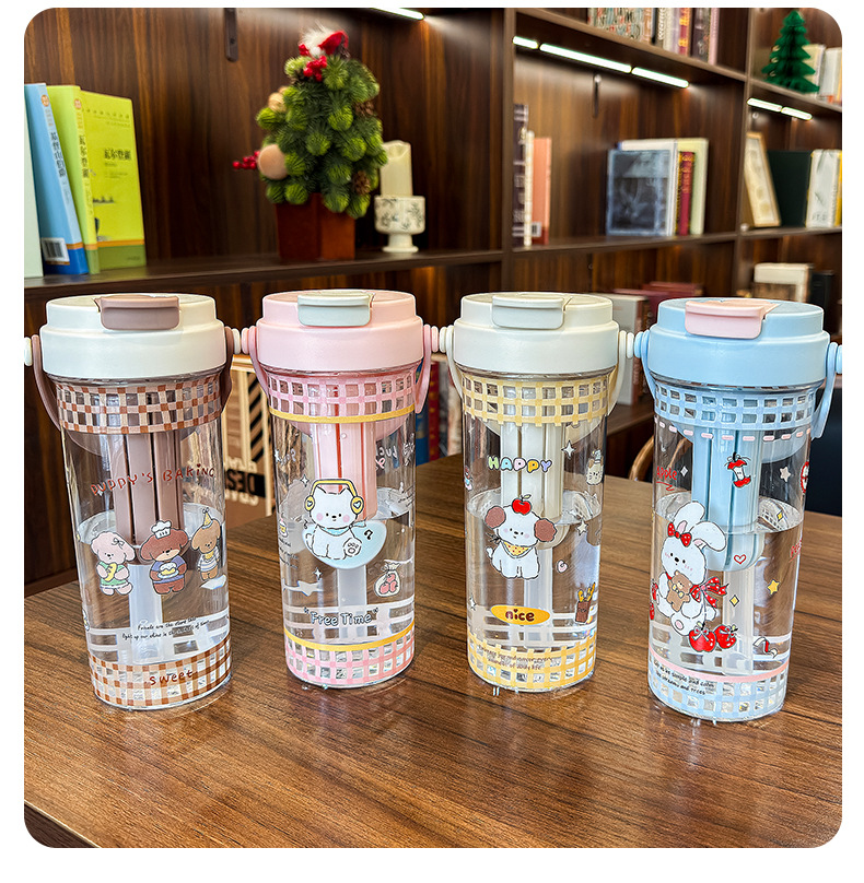 Cute double-drinking straw cup, portable high appearance level student water cup, gift cup wholesale, new cartoon tea strapping plastic cup pic 15