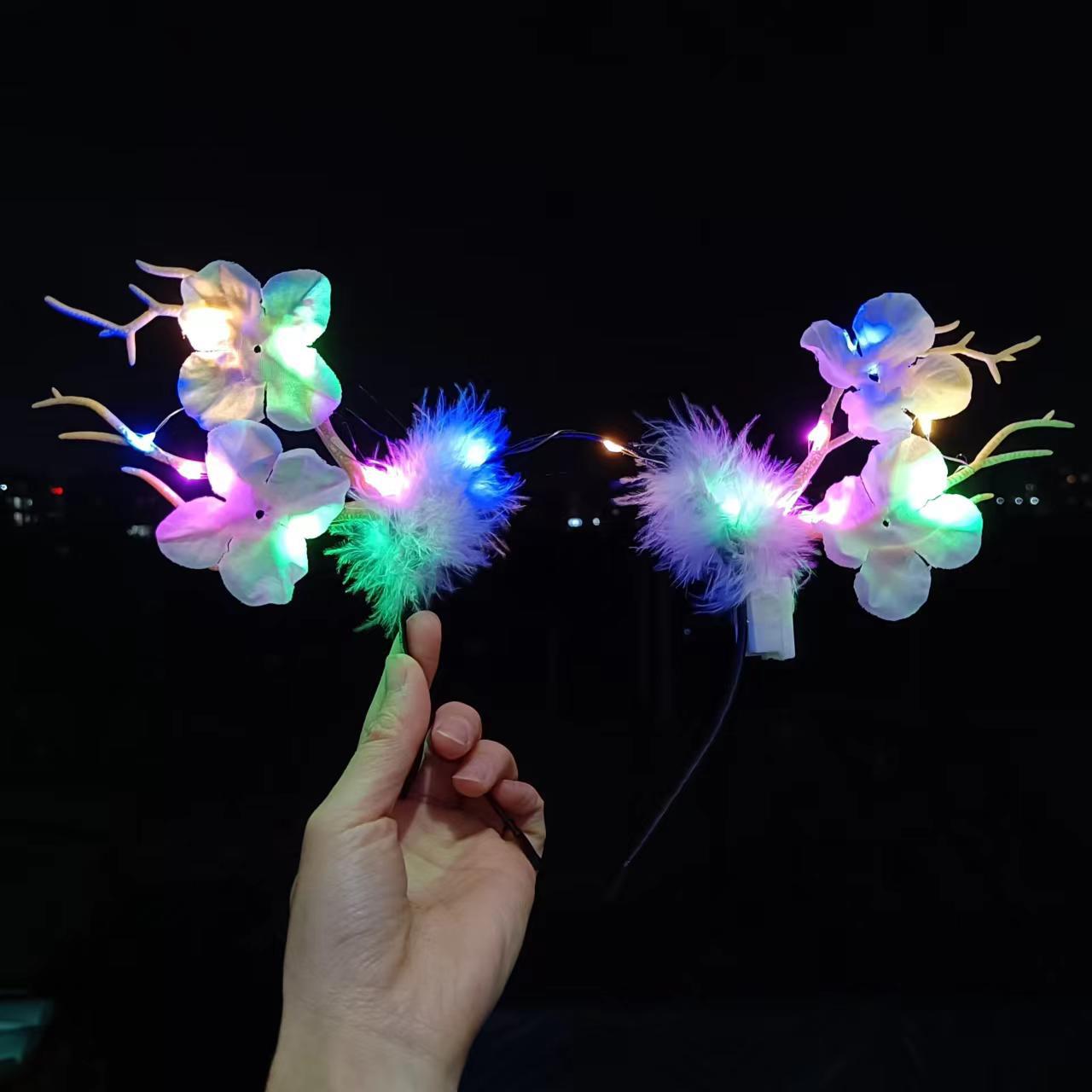 新款发光大鹿角发箍梅花羽毛麋鹿发饰圣诞节花仙子拍照装扮头饰详情9