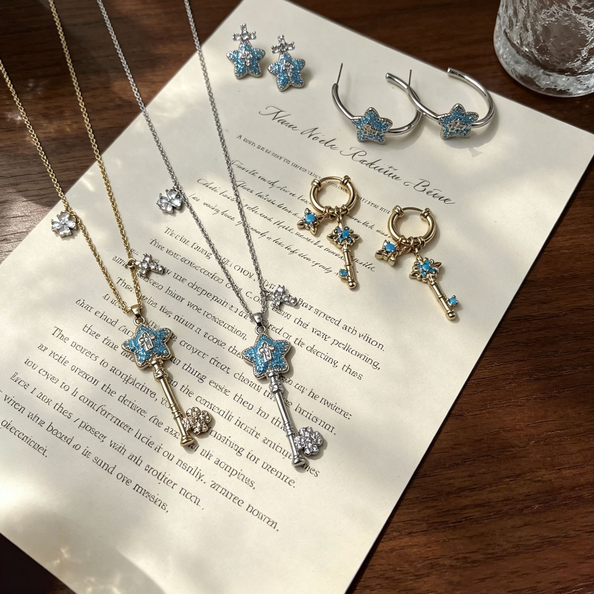 网红冰蓝星星钥匙首饰套装 金银双色项链多款式耳饰全套 一件代发详情3