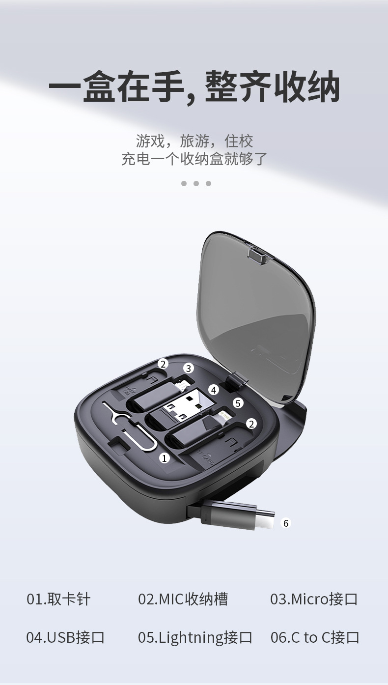 创意多功能伸缩数据线收纳盒60W快充手机充电线多头数码收纳盒详情5