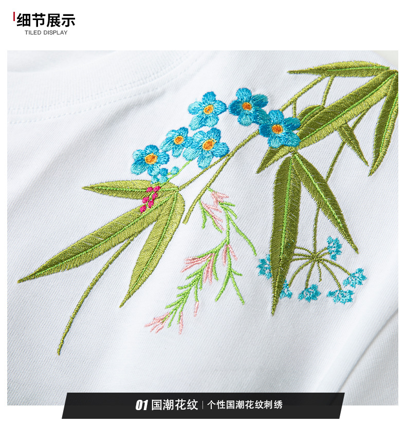2025新款夏季短袖t恤重磅刺绣繁花似锦圆领纯棉宽松透气半袖体恤详情10
