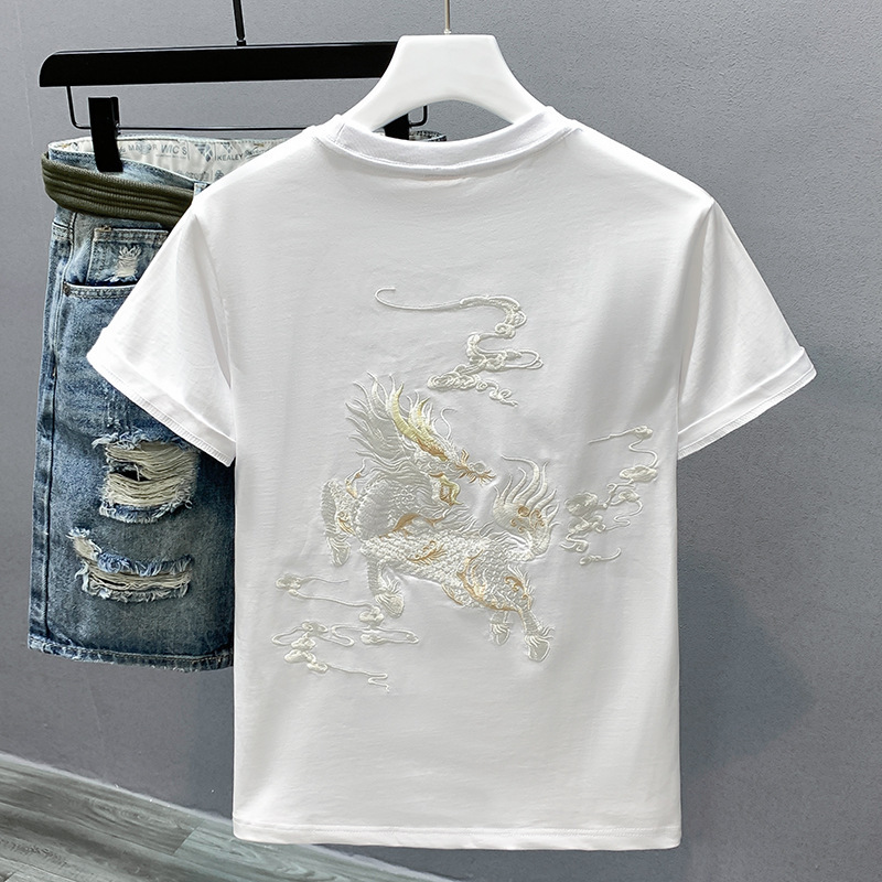 国潮牌中国民族风麒麟刺绣上衣男士宽松圆领百搭白短袖T恤国潮欧货详情7