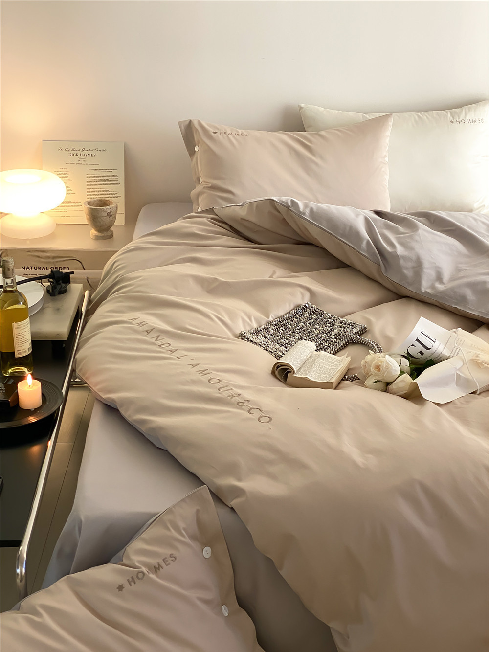 Simple, light luxury and fashionable solid-color long-staple cotton four-piece set, pure cotton letter-embroidered duvet cover, double bedding pic 44