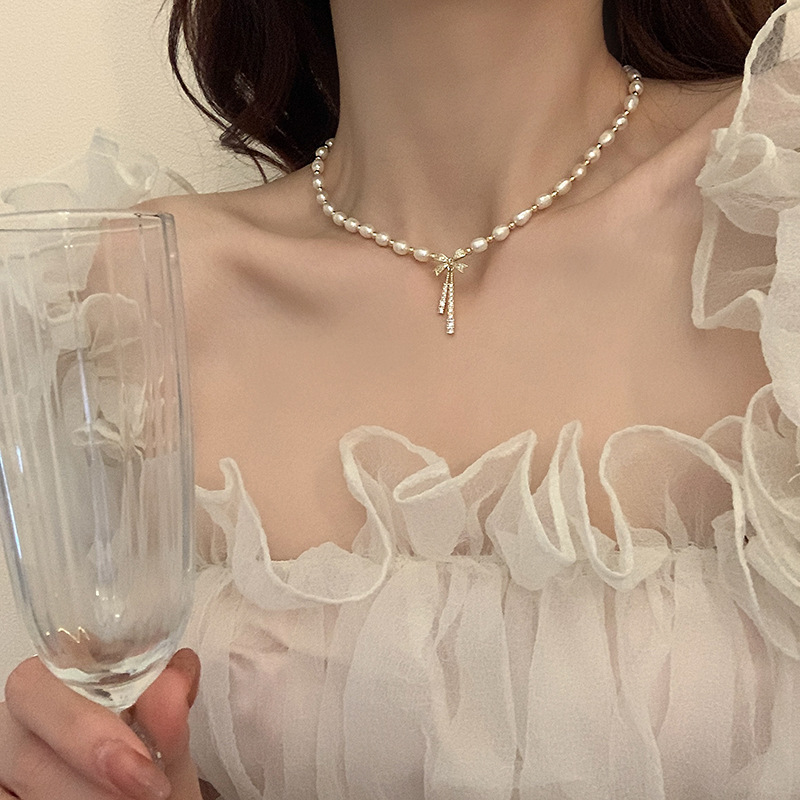 淡水珍珠项链微镶锆石蝴蝶结法式复古锁骨链铜珠间隔设计感项饰女详情10