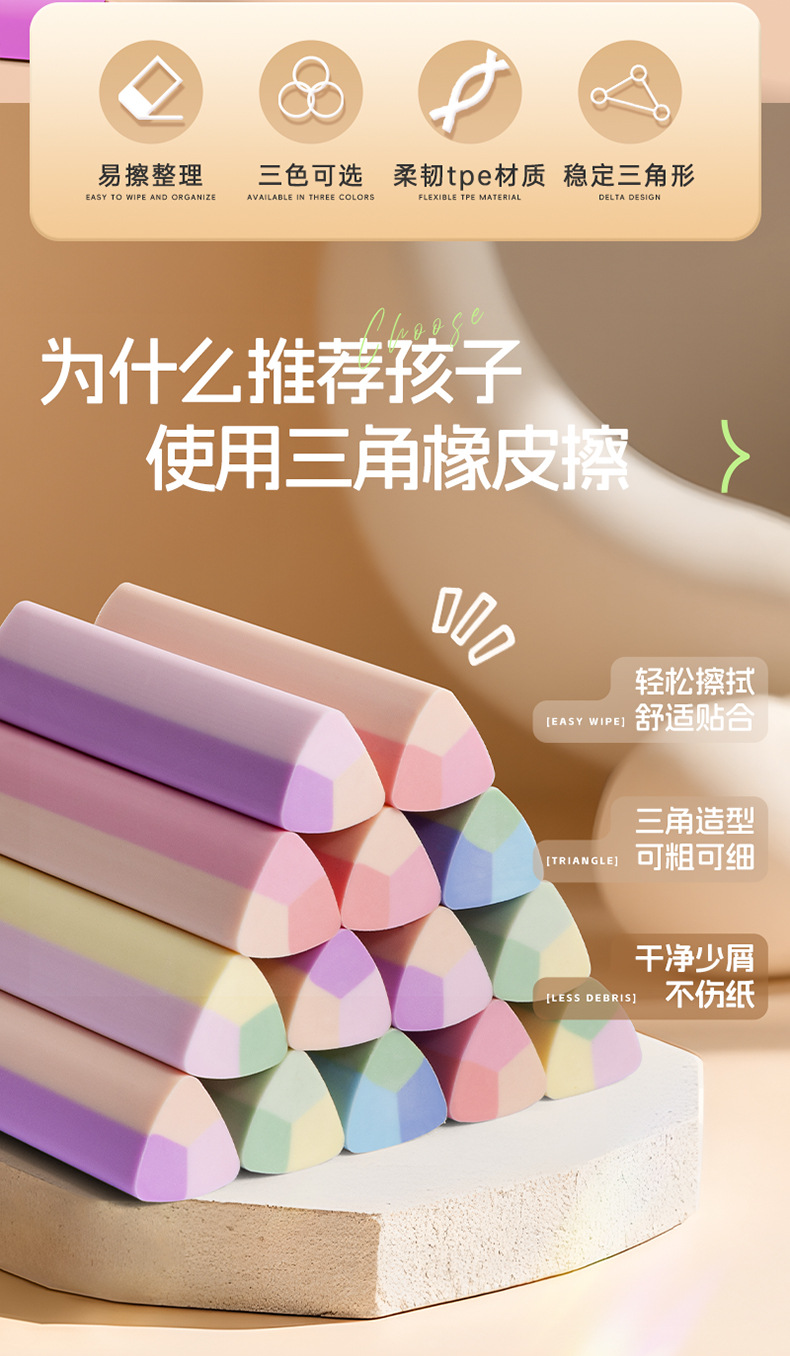 三角橡皮擦无屑超干净小学生擦拭成条擦字干净不留痕绘画少屑橡皮详情2