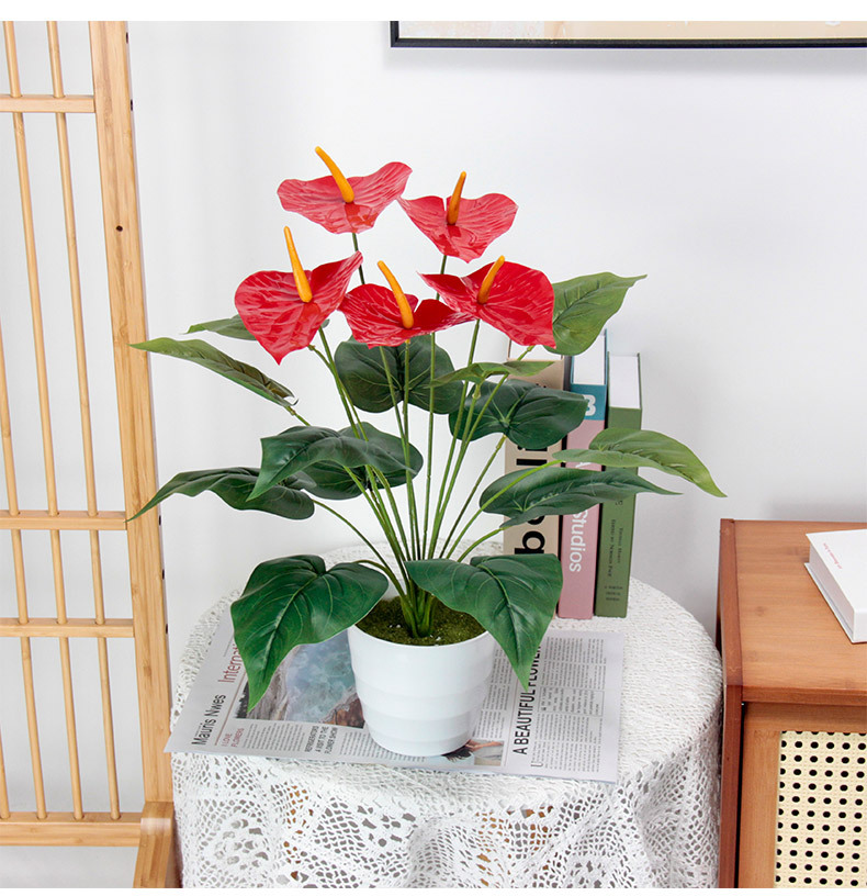 Finished handcrafted red artificial flower anthurium decoration, wedding spring plants, kalanchoe potted artificial green plants, office culture pic 2