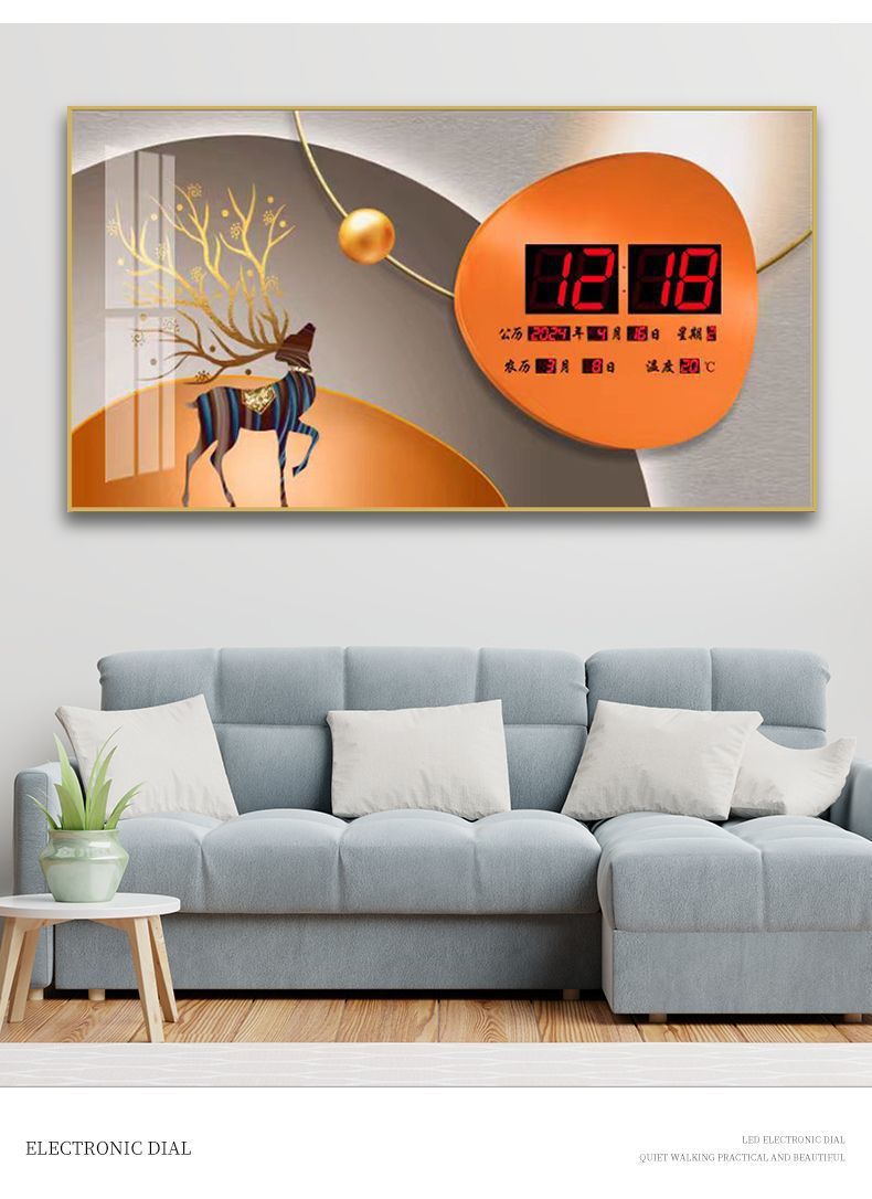 定制电子万年历挂钟客厅国潮山水i装饰画带温度日期客厅轻奢电子钟挂墙厂家详情7