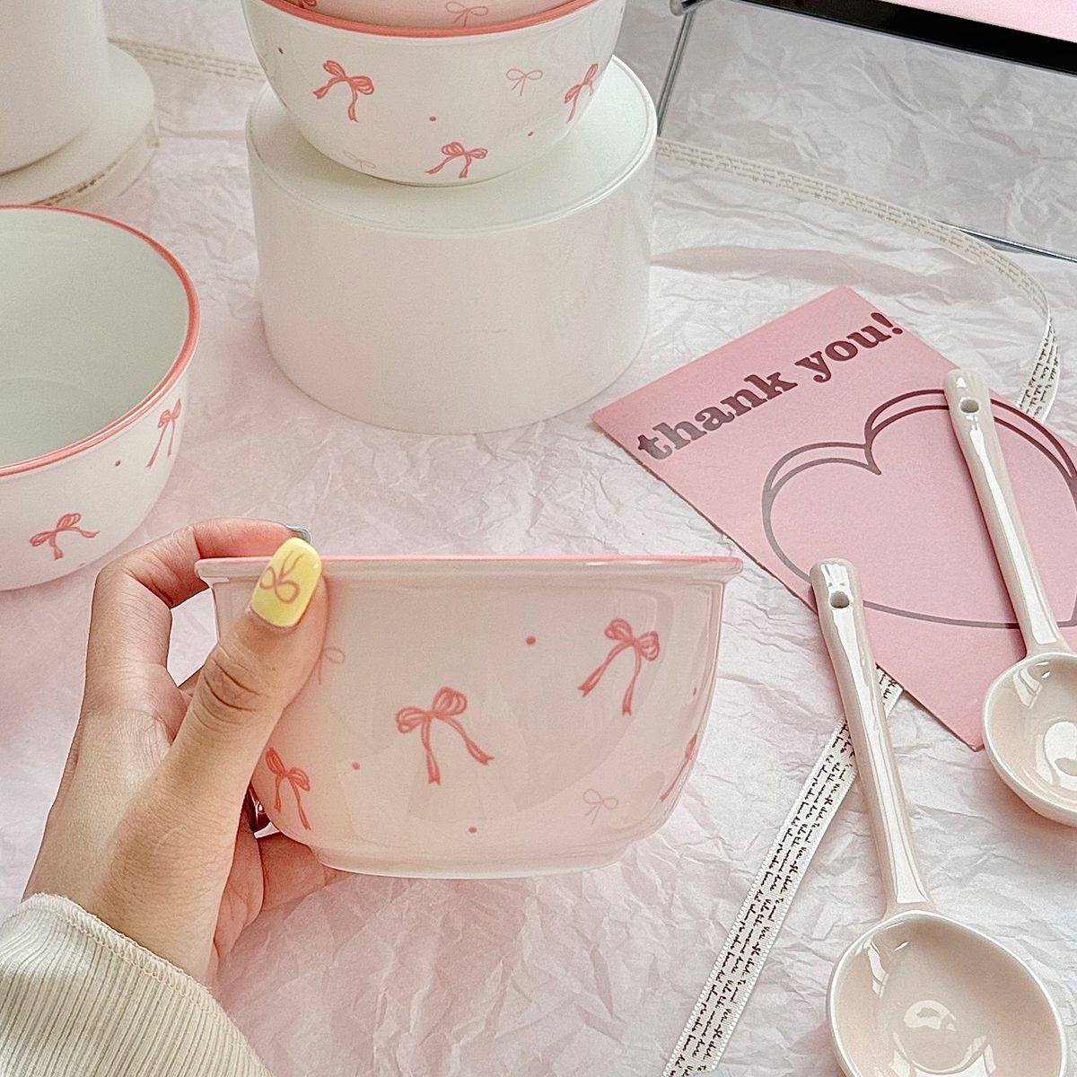 Cute household underglaze ceramic tableware with high appearance level, couple bowl set, dormitory rice bowl and spoon set pic 8