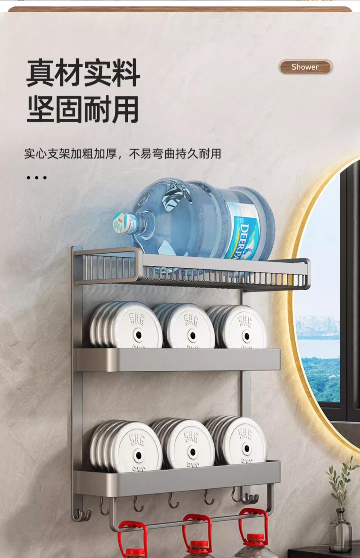 毛巾架卫生间置物免打孔浴室收纳带杆太空铝加厚浴巾架双层壁挂式详情7