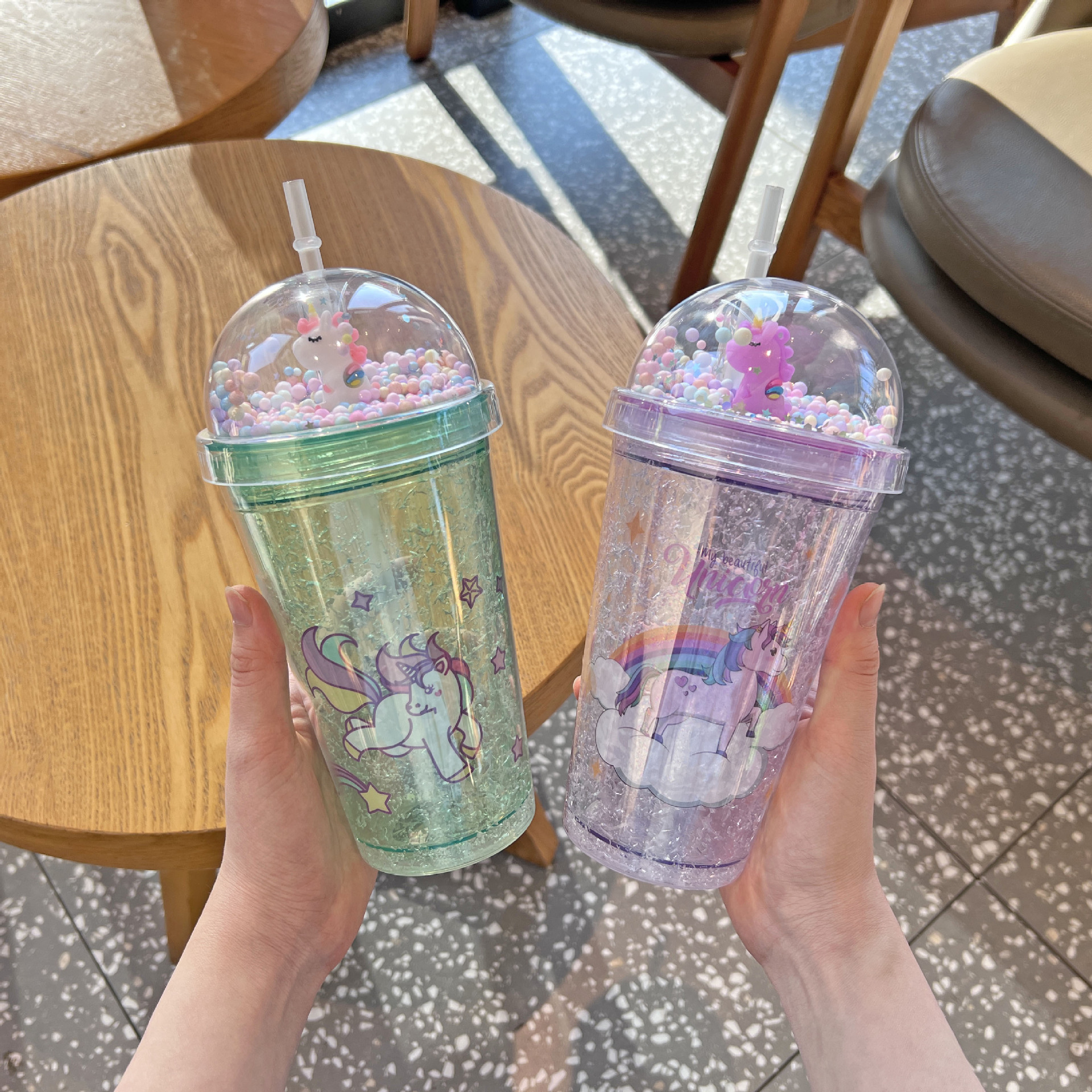 外贸新款卡通独角兽儿童吸管杯双层碎冰杯网红高颜值塑料水杯批发详情9