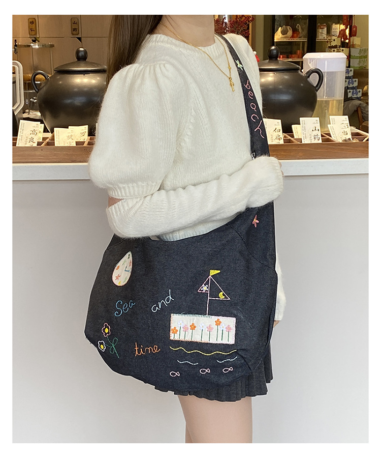 ins新款小插画牛仔斜挎包包女百搭大容量单肩包袋口拉链学生书包详情12