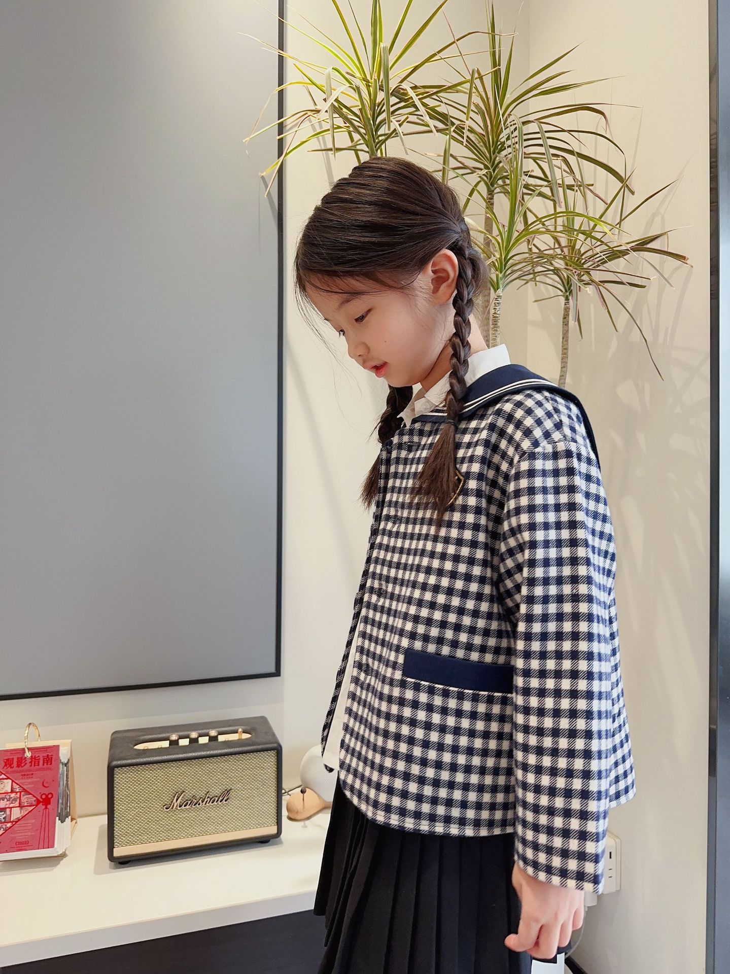 伯明翰学院海军同款外套 澳洲羊毛格子海军风领女童徽章小外套详情5