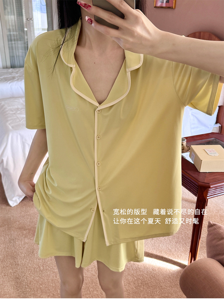 A two-piece set of casual wear for women in the original color ice leather, a summer pajama set with a cool and contrasting color, featuring new short-sleeved shirts and shorts pic 26