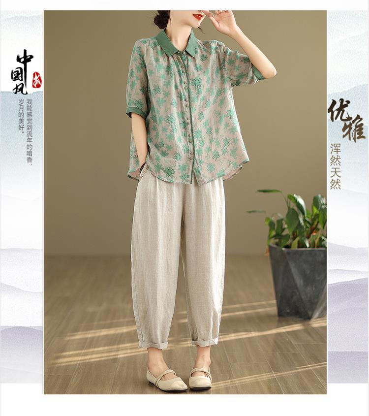 中老年妈妈装衬衫棉麻韩版大码复古民族风两件套夏装苎麻套装女装详情3