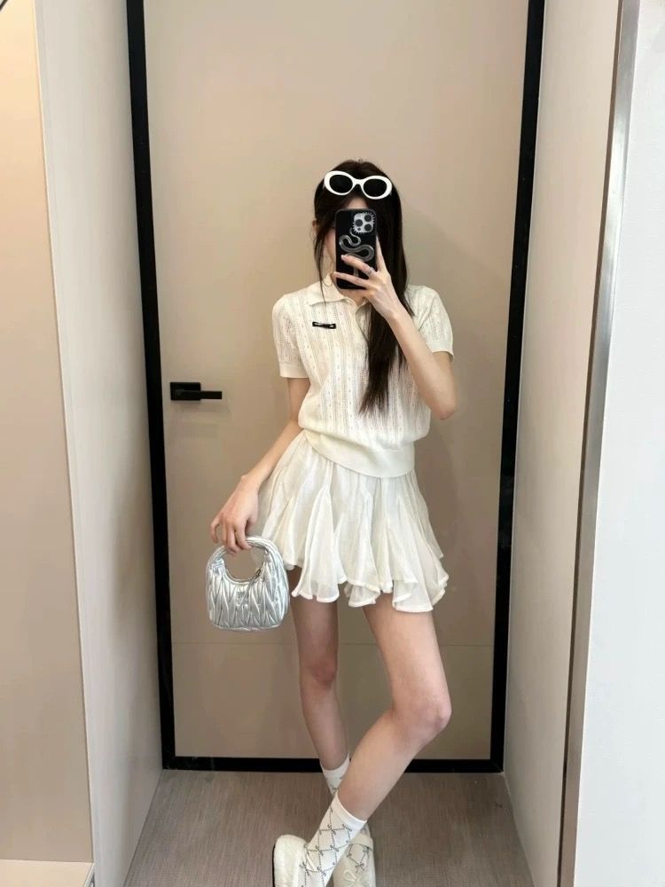 2025夏季新款女洋气减龄百搭韩系镂空Polo领镂空短袖针织衫上衣潮详情6