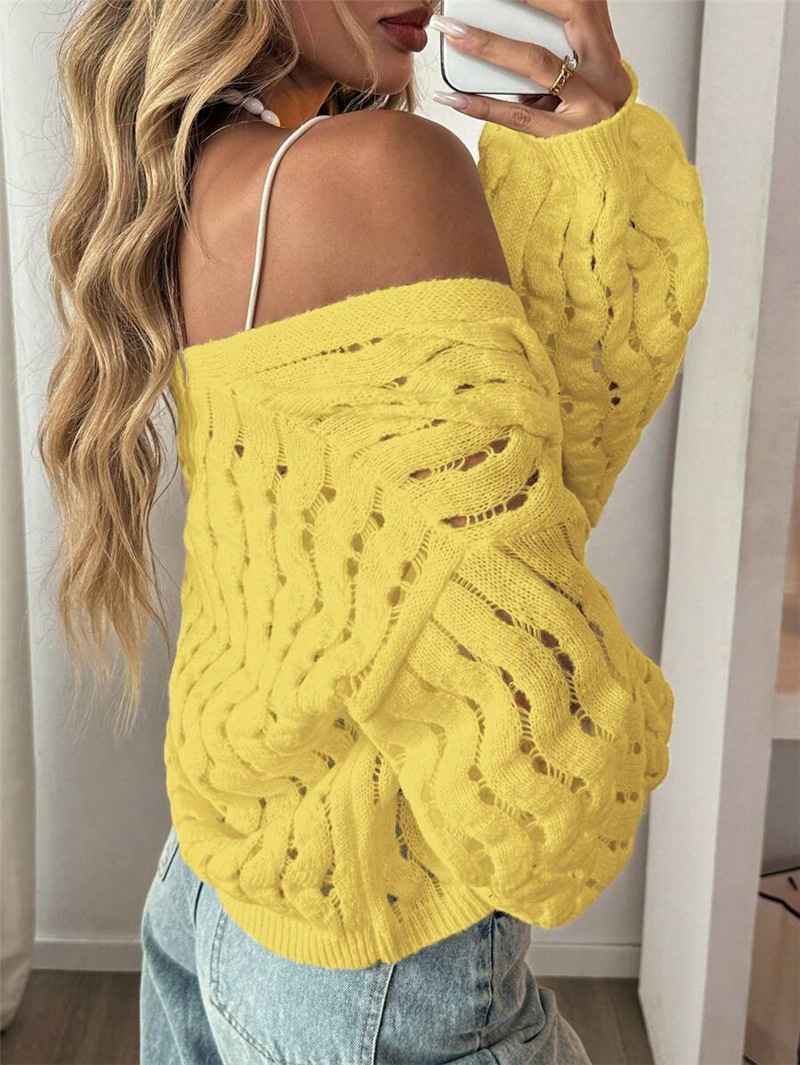 This cross-border Amazon knitted coat from Europe and America is a casual, hollowed-out button solid-color long-sleeved sweater with a strong sense of design pic 12