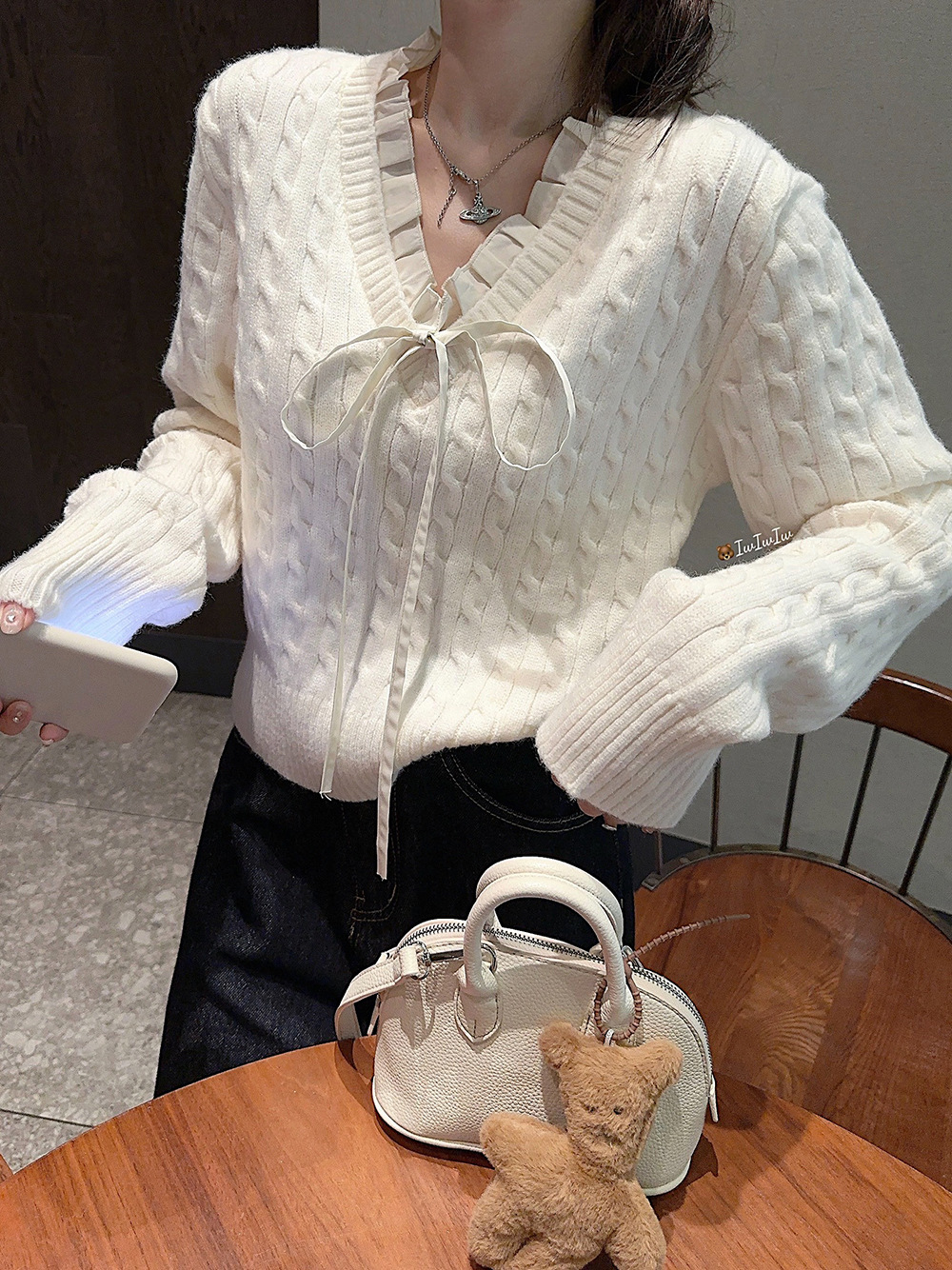 韩系学院风设计感假两件长袖毛衣针织衫女冬季蓝色温柔风修身上衣详情23