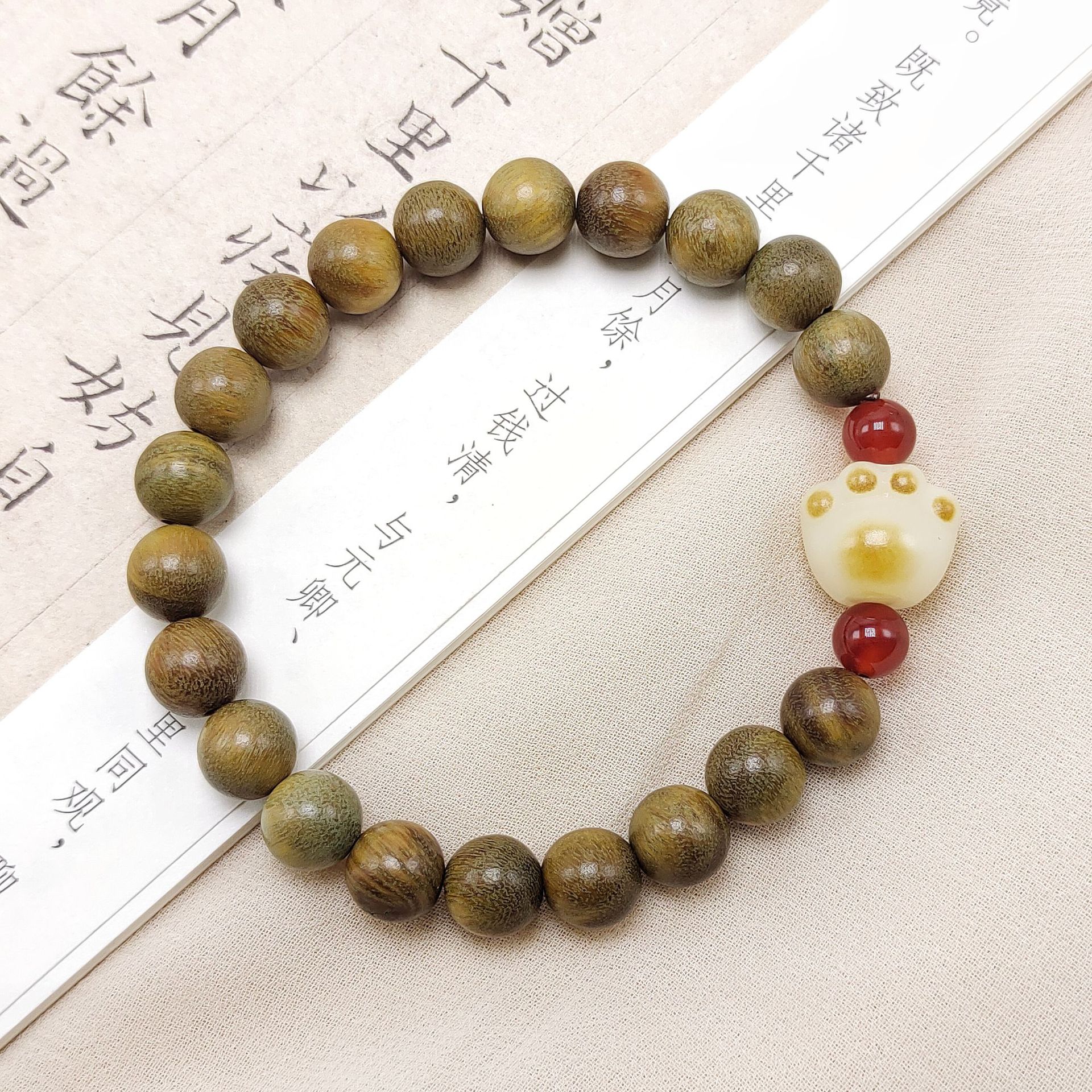 古风绿檀木手串单圈风化绿猫爪女式木质檀香文玩佛珠多宝手链详情5