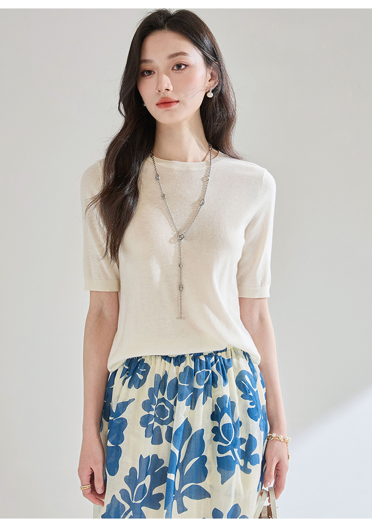 Summer 100% wool short-sleeved round-neck base knitted sweater for women, loose and elegant, versatile T-shirt and sweater 25252 pic 11