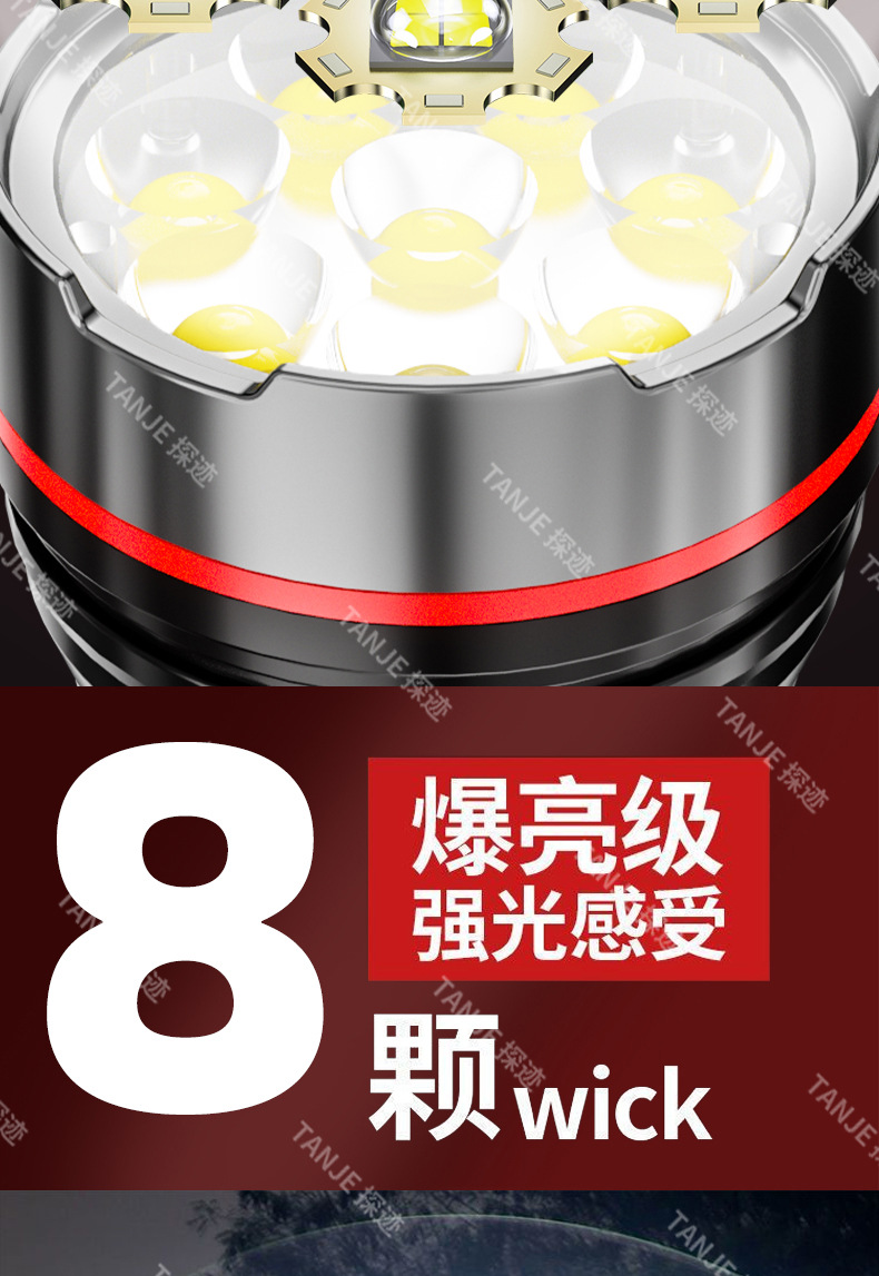 Cross-border new 8-LED outdoor high-intensity, ultra-bright, long-range, multi-dimming, ultra-long battery life type-C rechargeable flashlight pic 6