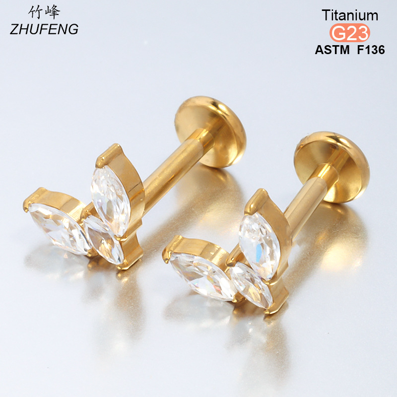 F136钛合金镶锆石耳钉时尚高级感镀金不掉色耳骨钉内牙螺旋唇钉详情15
