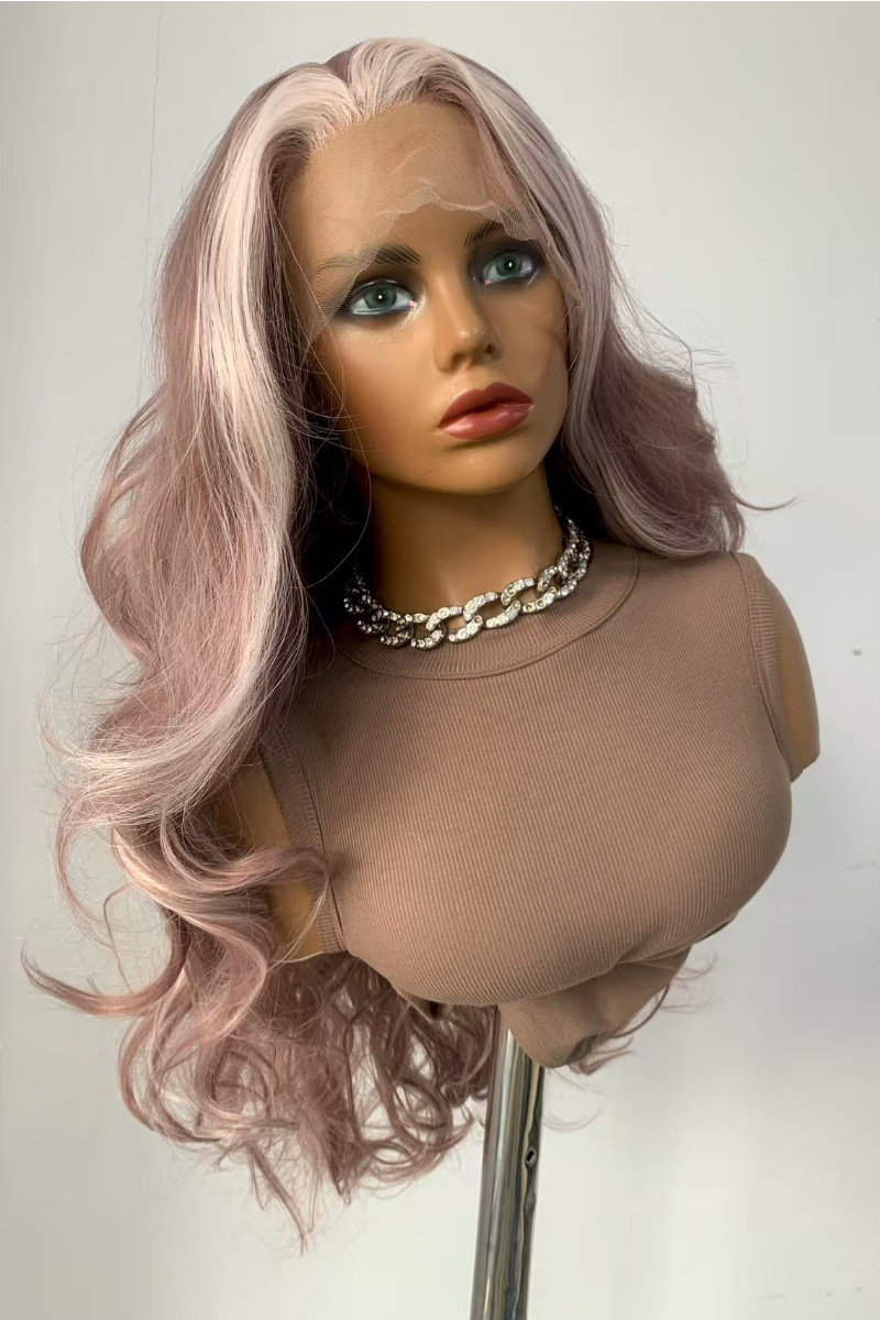 This is a popular full-length wig in Europe and America. It features a pink, fluffy, big wavy simulation, long curly hair, and is made of synthetic fiber, with a lace forehead and medium-length hair pic 3