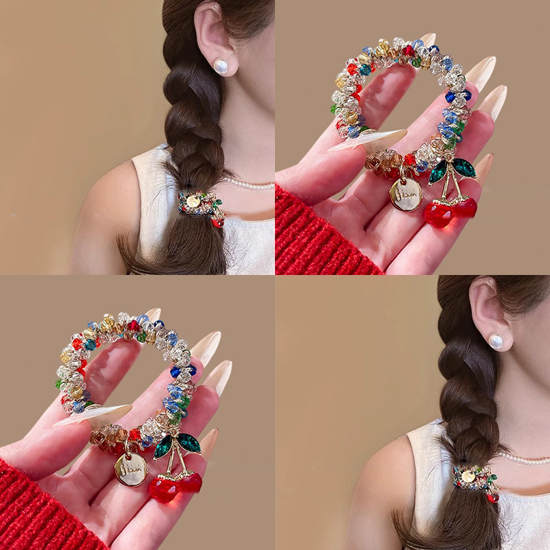 2025新潮水钻发绳两用头饰彩色手链皮筋扎马尾闺蜜款樱桃发圈女饰品发饰头饰详情2