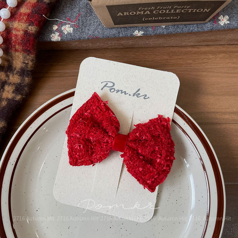 新款韩版红色系蝴蝶结发夹手工布艺儿童侧边碎发刘海夹甜美边夹女红色蝴蝶结发夹 毛呢网纱款带装饰 含皇冠玩偶 少女喜庆精致发详情10
