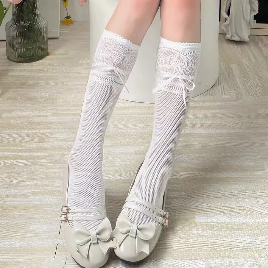 jk日系复古镂空中筒袜子女春夏季蝴蝶结蕾丝花边渔网袜潮镂空设计详情2