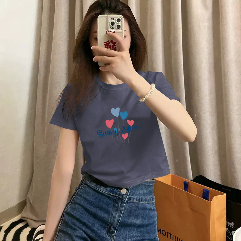 Pure cotton short-sleeved T-shirt for women, new summer style, high-waisted short, spicy girl style, slimming and petite, round-neck base layer pic 23