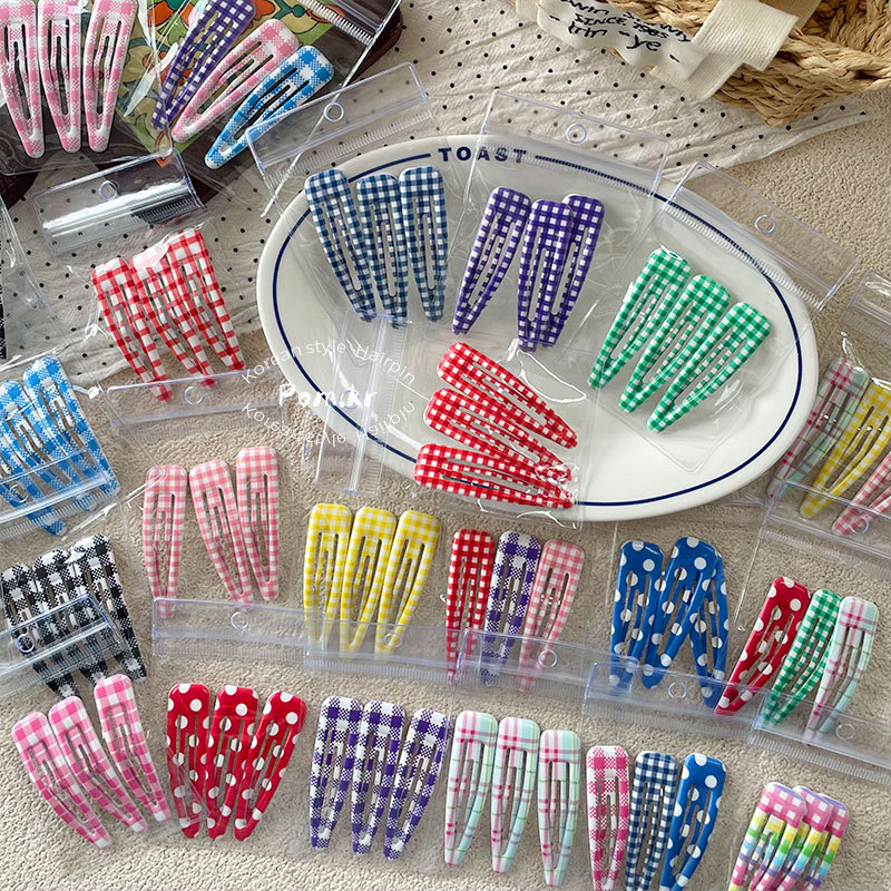 新款韩版水滴波点少女前额碎发夹袋装格纹儿童彩色侧边掰掰夹发饰详情7