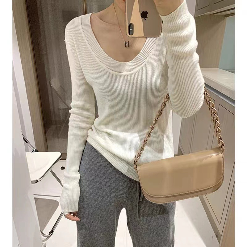 U领针织衫女韩国东大门露锁骨修身纯色安迪绒打底衫安迪绒长袖衫详情3