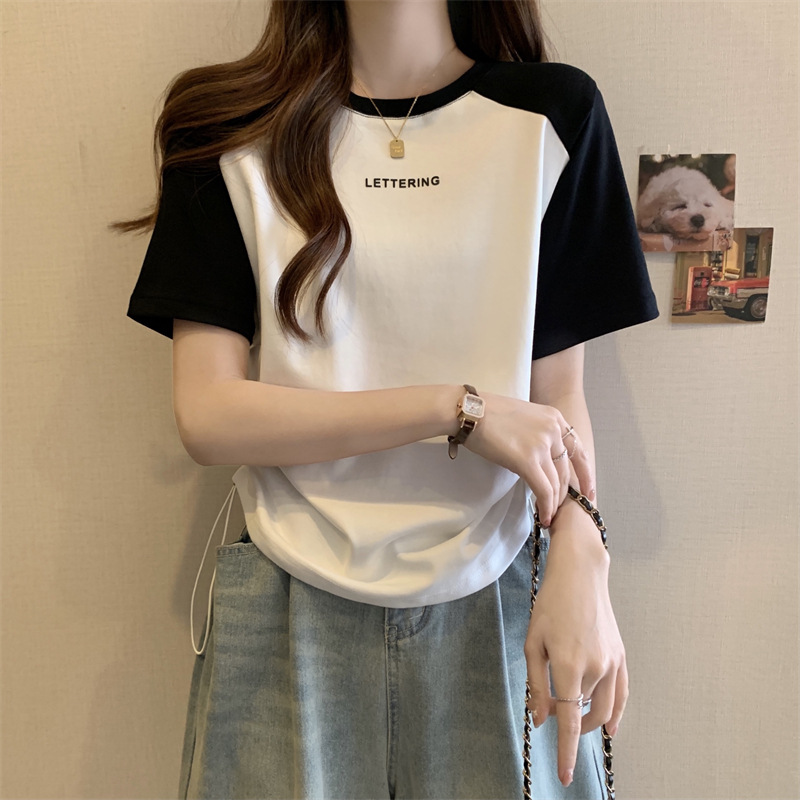 短袖T恤女夏季印花字母打底衫大码显瘦休闲正肩撞色抽绳上衣外穿详情7