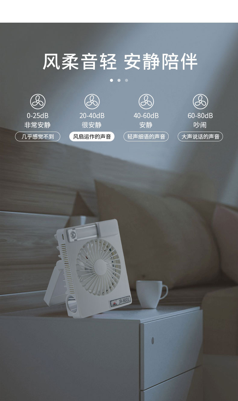 学生宿舍带灯风扇可充电 办公LED夜灯充电风扇迷你便携大风力跨境详情5