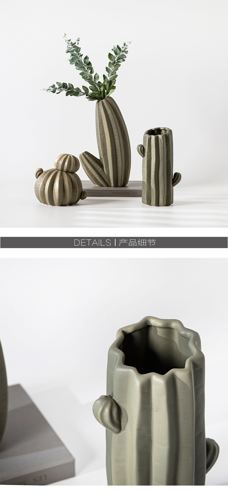 2026 Nordic-style green cactus ceramic decorative item for home living room TV cabinet, creative ceramic vase pic 4