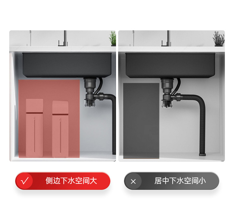 The kitchen sink is made of stainless steel, with a large single sink and a thickened middle basin. The side drain of the sink is patterned with rice grains pic 14